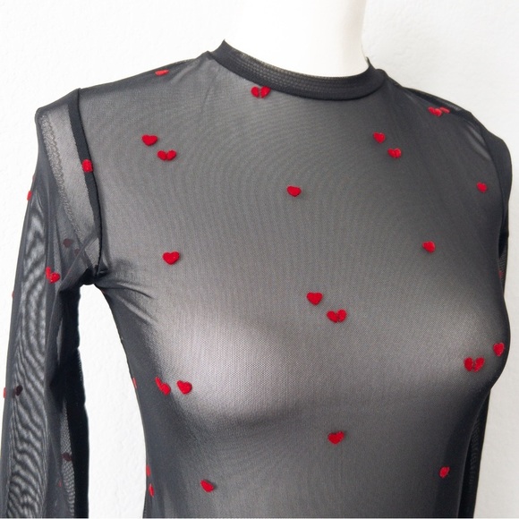 Stradivarius Long Sleeve Stretch Black Mesh Top with Heart Print Size Small - Picture 7 of 9